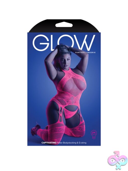 Neon Pink Uv-Reactive Halter Bodystocking And G-String Set By Fantasy Lingerie