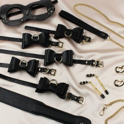 12 piece black PU leather couples kink set with cuffs, collar, paddle, and storage case by Edonista