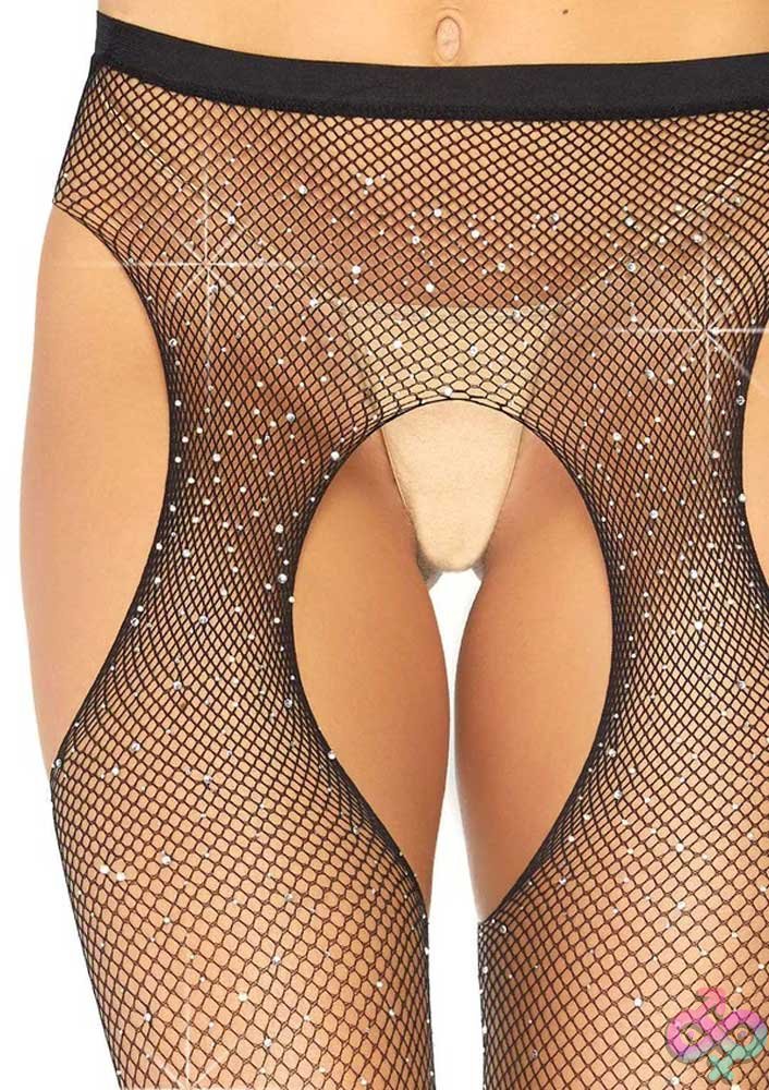 Discreet-Toys-Casey-Rhinestone-Fishnet-Suspender-Pantyhose-One-Size-Black-La-9108Blkos Casey Rhinestone Fishnet Suspender Pantyhose - Image 1