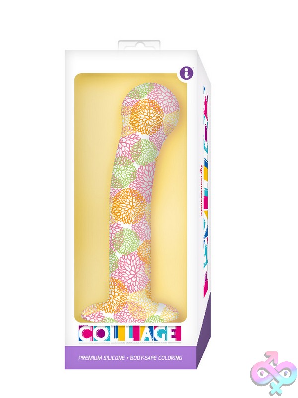Discreet-Toys-Catch-The-Bouquet-G-Spot-Silicone-Dildo-Nu-Ic9005 Curved Floral-Patterned G-Spot Silicone Dildo In Purples, Golds, And Sage By Icon Brands