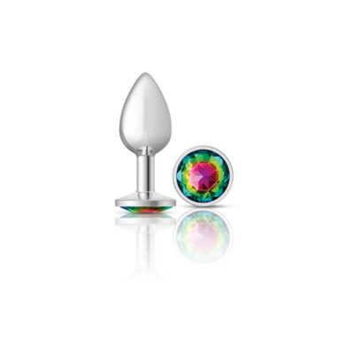 Cheeky Charms silver metal butt plug with rainbow round gemstone by Viben