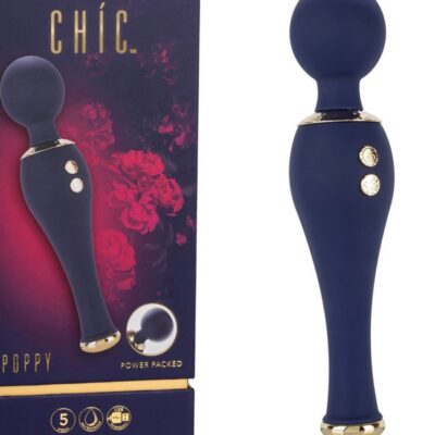 Chic Poppy mini wand vibrator in blue with gold-plated accents and flexible silicone neck by California Exotic Novelties