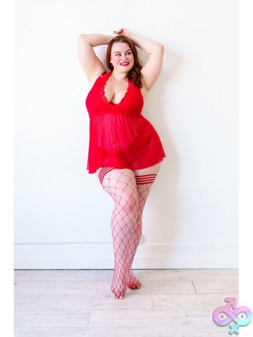 Claudia Large Diamond Fishnet Thigh-High Stockings In Red - Image 2