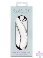 Clear borosilicate glass dildo with curved shaft and sculptural circular handle by Creative Conceptions