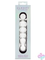 Clear borosilicate glass dildo with circular handle and gentle curve by Creative Conceptions
