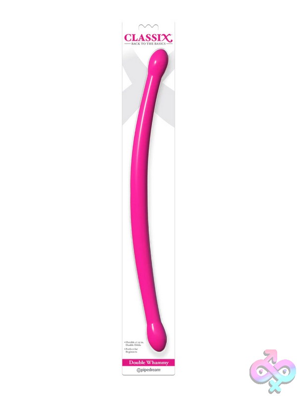 Discreet-Toys-Classix-Double-Whammy-Pink-Nu-Pd1986-11 Classix Double Whammy Flexible Double-Ended Dildo Shown In Three Colors On A Neutral Background