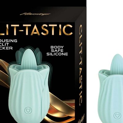 Rose-shaped clit licker toy in pink silicone with tongue-shaped stimulator tip on soft background