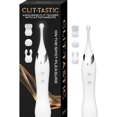 Dual-ended white rechargeable clitoral teaser with brush, bunny ear, and textured attachments by Nasstoys