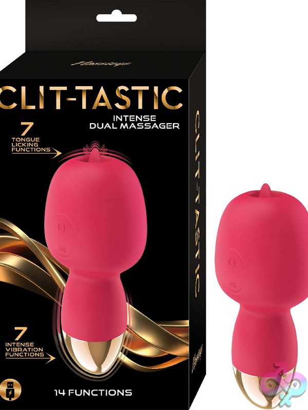 Discreet-Toys-Clit-Tastic-Intense-Dual-Massager-Coral-Nu-Nw3171-1 Coral Dual-Ended Clit Massager With Tongue And Pinpoint Vibe In Body-Safe Silicone By Nasstoys