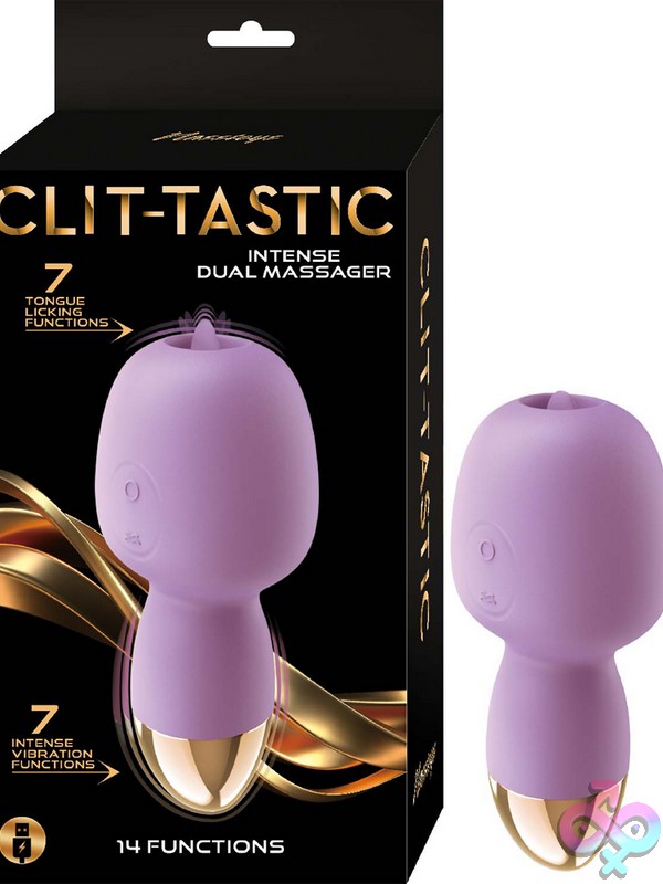 Discreet-Toys-Clit-Tastic-Intense-Dual-Massager-Lavender-Nu-Nw3171-2 Dual-Ended Clitoral Massager In Lavender Silicone With Flicking Tongue And Pinpoint Vibe By Nasstoys