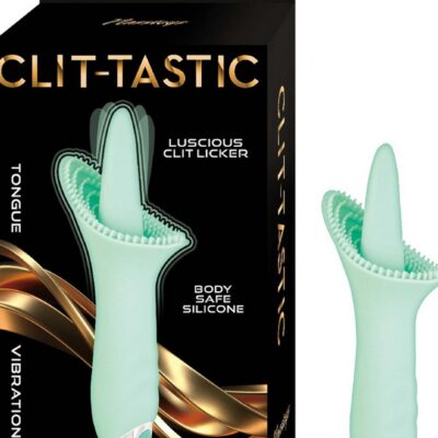 Tongue-shaped silicone clit licker vibrator in green and red on a soft neutral background