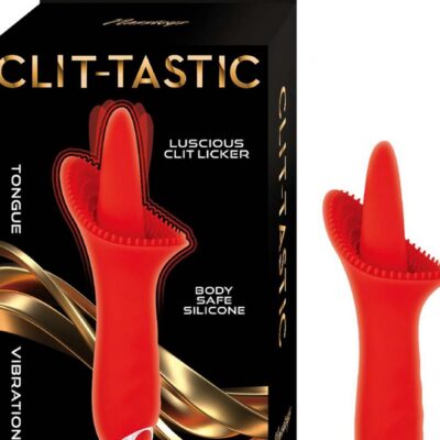 Tongue-shaped silicone clit licker vibrator in green and red on a soft neutral background