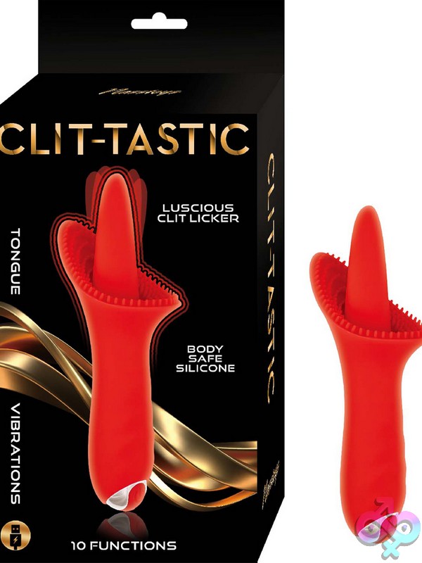 Discreet-Toys-Clit-Tastic-Luscious-Clit-Licker-Red-Nu-Nw3161-1 Tongue-Shaped Silicone Clit Licker Vibrator In Green And Red On A Soft Neutral Background