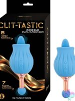 Dual-ended rose bud clit massager in blue silicone by Nasstoys, showing tongue stimulator and pinpoint vibe ends