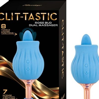 Dual-ended rose bud clit massager in blue silicone by Nasstoys, showing tongue stimulator and pinpoint vibe ends