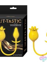 Clit-Tastic Tulip Finger Massager and Pleasure Plug in pink and yellow silicone on a soft neutral background