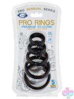 Five-piece black silicone cock ring set with mesh storage pouch by Cloud 9