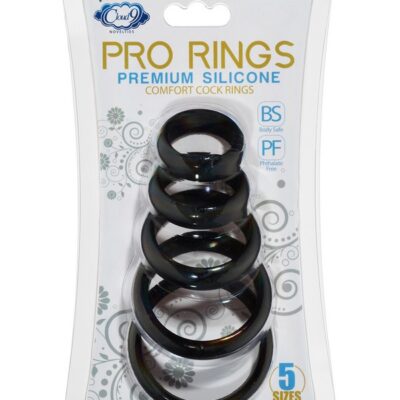 Five-piece black silicone cock ring set with mesh storage pouch by Cloud 9