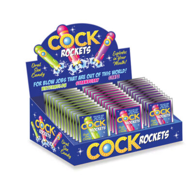 Cock Rockets Display of 36 oral sex candy by Little Genie — watermelon, strawberry, and grape flavors
