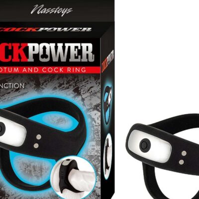 Black silicone vibrating cock and ball ring by Nasstoys shown against a neutral background