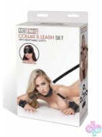 Black adjustable neoprene collar and leash set with removable cuffs by Lux Fetish