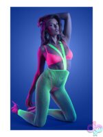 UV reactive neon green and pink three-piece suspender stocking set with bralette and G-string by Fantasy Lingerie