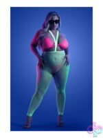 UV reactive neon green 3 piece suspender stockings set with bralette and G-string by Fantasy Lingerie