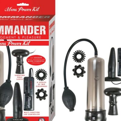 Commander Men's Power Pump Kit with vibrating sleeve, cockrings and plug in black by Nasstoys