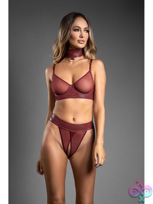 Convertible Faux Leather Halter Bra &Amp; Open Panty Set With Detachable Chain Leash - Image 2