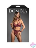 Embossed burgundy faux leather halter bra open panty set with detachable chain leash by Fantasy Lingerie