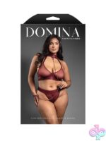 Embossed faux leather and sheer mesh halter bra set in burgundy with gold chain leash by Fantasy Lingerie