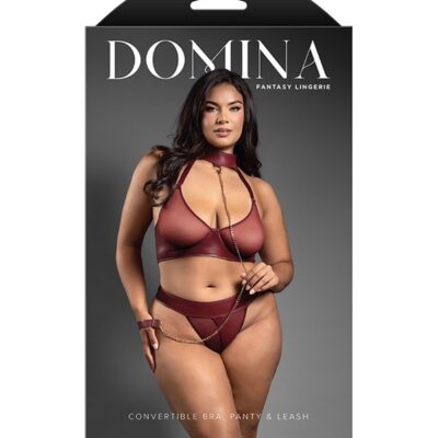 Embossed faux leather and sheer mesh halter bra set in burgundy with gold chain leash by Fantasy Lingerie