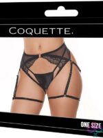 Black crotchless panty with adjustable leg garters and rose gold-tone hardware by Coquette Lingerie