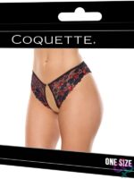 Coquette heart-print scallop lace crotchless panty with heart charm detail in black