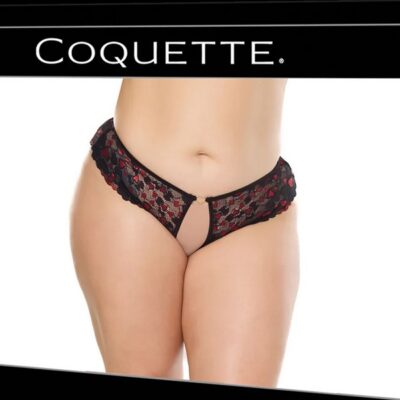 Coquette heart-print scallop lace crotchless panty with heart charm detail in black