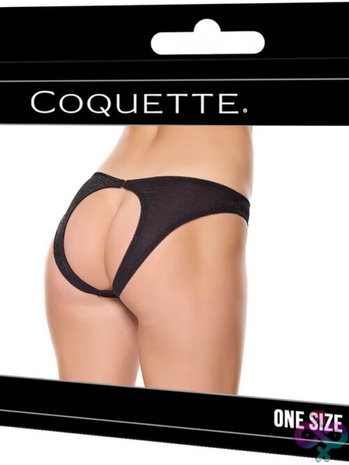 Black Shiny Knit Open Back Panty With Keyhole Cut-Out And Center-Back Closure On White Background