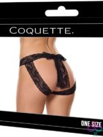 Black lace crotchless panty with scallop trim and bow detail from Coquette Lingerie