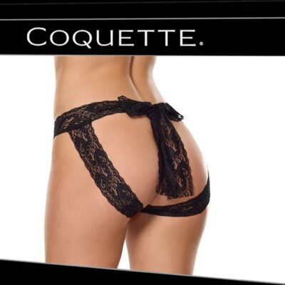 Black lace crotchless panty with scallop trim and bow detail from Coquette Lingerie