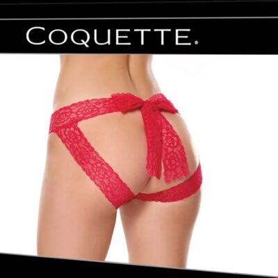 Red lace crotchless panty with scallop trim and bow detail by Coquette Lingerie