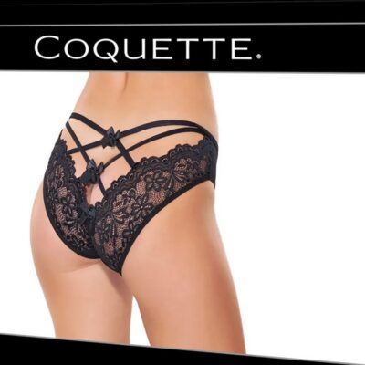 Black open back bow panty with strappy detail and scallop lace trim by Coquette Lingerie