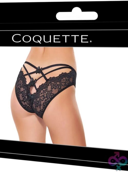 Black Open Back Bow Panty With Strappy Detail And Scallop Lace Trim By Coquette Lingerie