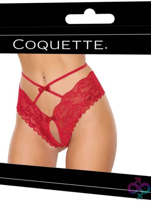 Red Open Crotch Scallop Lace Panty With Strappy Waist And Bow Details On White Background