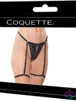 Black stretch lace thong with attached adjustable garters and bow detail by Coquette Lingerie