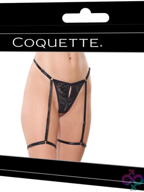 Black Stretch Lace Thong With Attached Adjustable Garters And Bow Detail By Coquette Lingerie