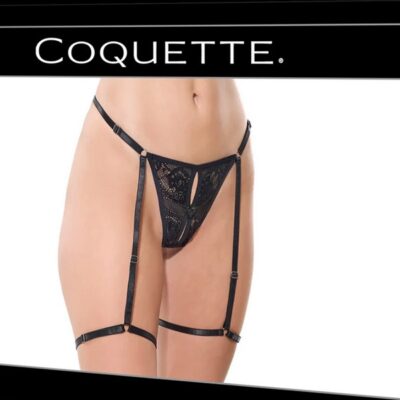 Black stretch lace thong with attached adjustable garters and bow detail by Coquette Lingerie