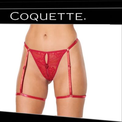 Red stretch-lace thong with attached adjustable garters and bow detail by Coquette Lingerie