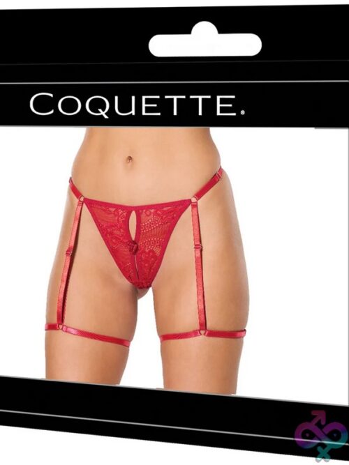 Red Stretch-Lace Thong With Attached Adjustable Garters And Bow Detail By Coquette Lingerie