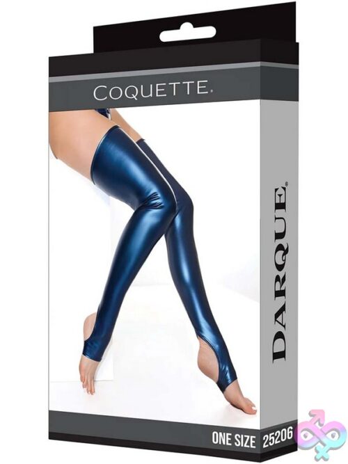 Coquette Wetlook Stay Up Stockings With Silicone Grip Top In Glossy Blue Finish