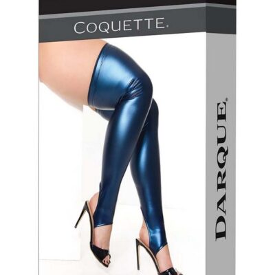 Coquette wetlook stay up stockings with silicone grip top in glossy blue finish