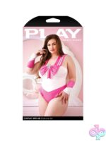 Pink cosplay lingerie costume set with bodysuit, attached cape, and arm bands by Fantasy Lingerie